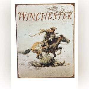 WINCHESTER LOGO Gunslinging Riding Horse Cowboy Tin Metal Sign Western Southwest